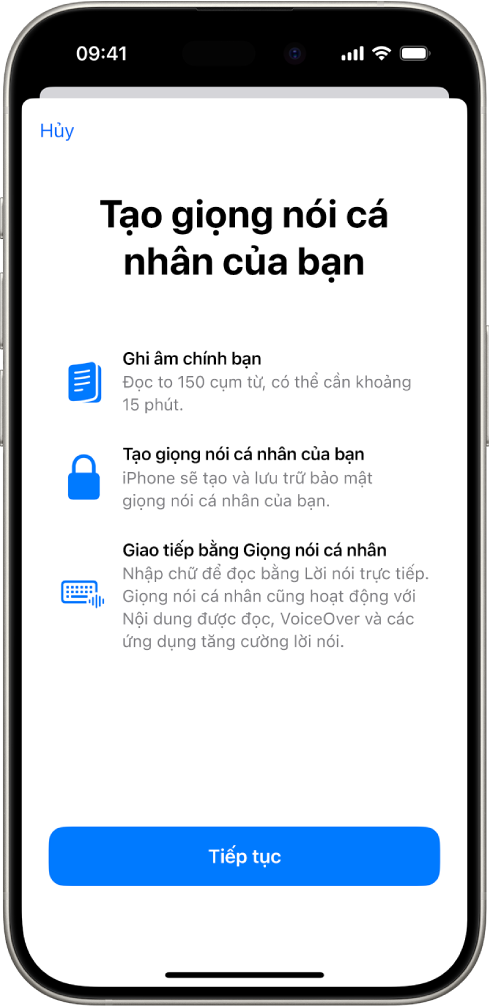Một iPhone với thông tin về cách tạo Giọng nói cá nhân.