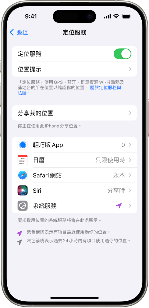 「定位服務」畫面,其中包括與 App 分享 iPhone 位置的設定。
