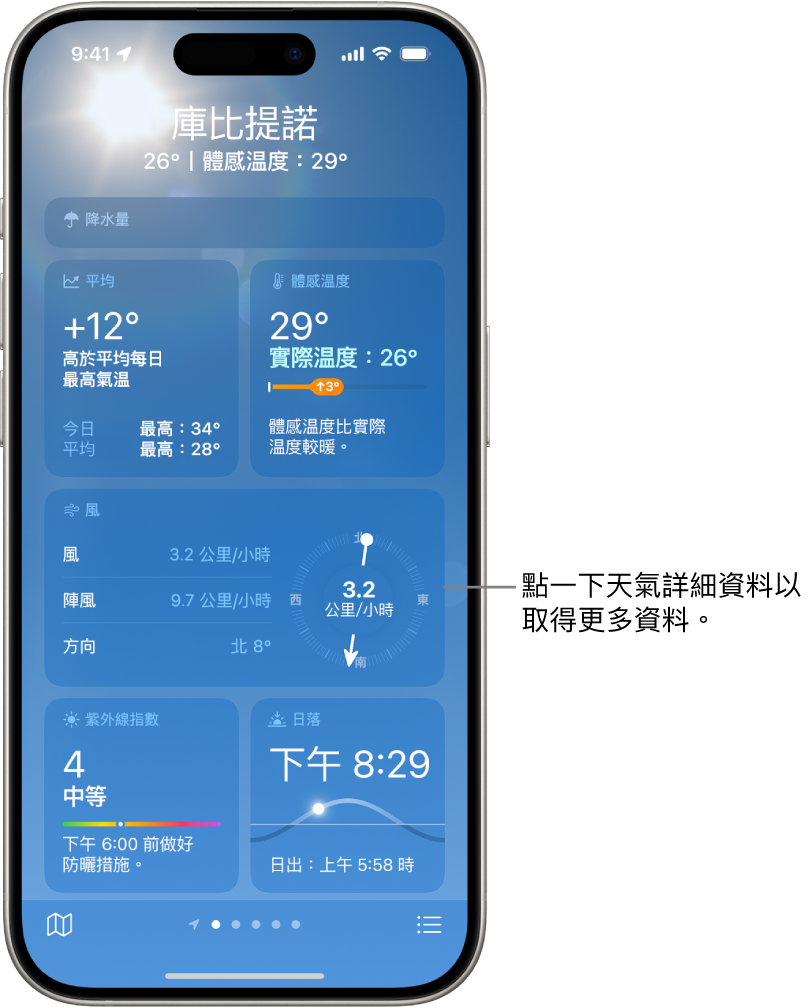 「天氣」畫面，最上方顯示位置，以及目前溫度和天氣概況。畫面的其餘部份包括以下元素的天氣詳細資料：空氣質素、降水、紫外線指數和日落。