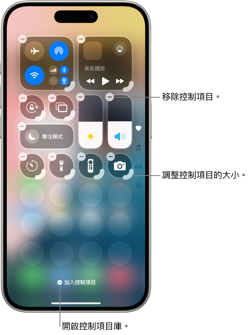 正在編輯的「控制中心」,其中每個控制項目上都有「移除」按鈕和調整大小控點。