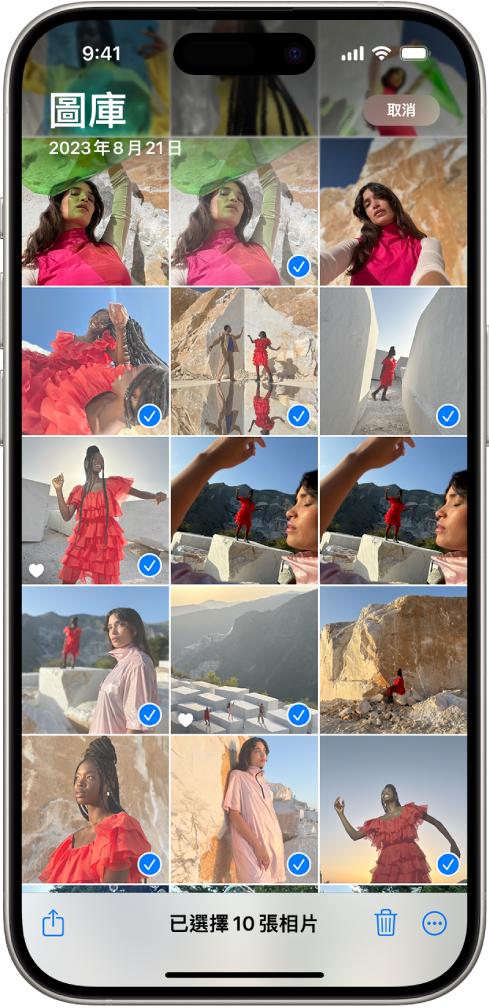 iPhone 畫面填滿相片方格，已選取其中幾張。畫面底部為「共享」、「刪除」，以及「更多」按鈕。
