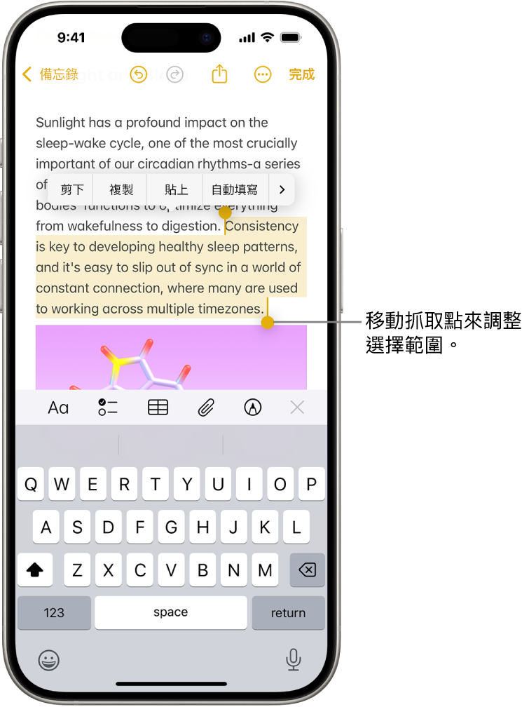 在「備忘錄」App 的備忘錄中選取的文字。所選文字上方為「剪下」、「複製」、「貼上」以及「自動填寫」按鈕。系統會重點標示所選文字,而且兩端會帶有可調整選取範圍的控點。