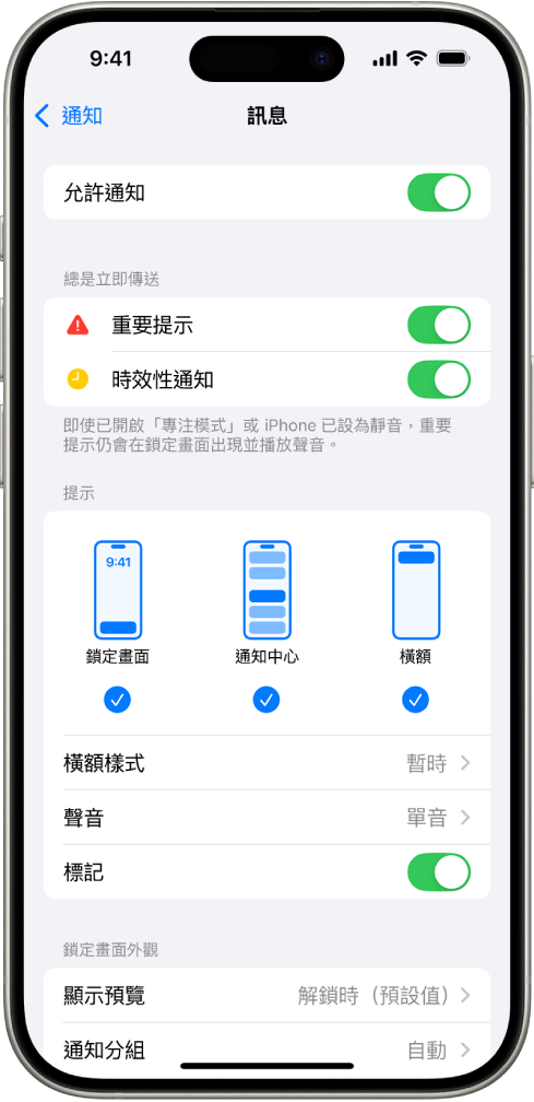iPhone 以及「訊息」的通知和提示設定。