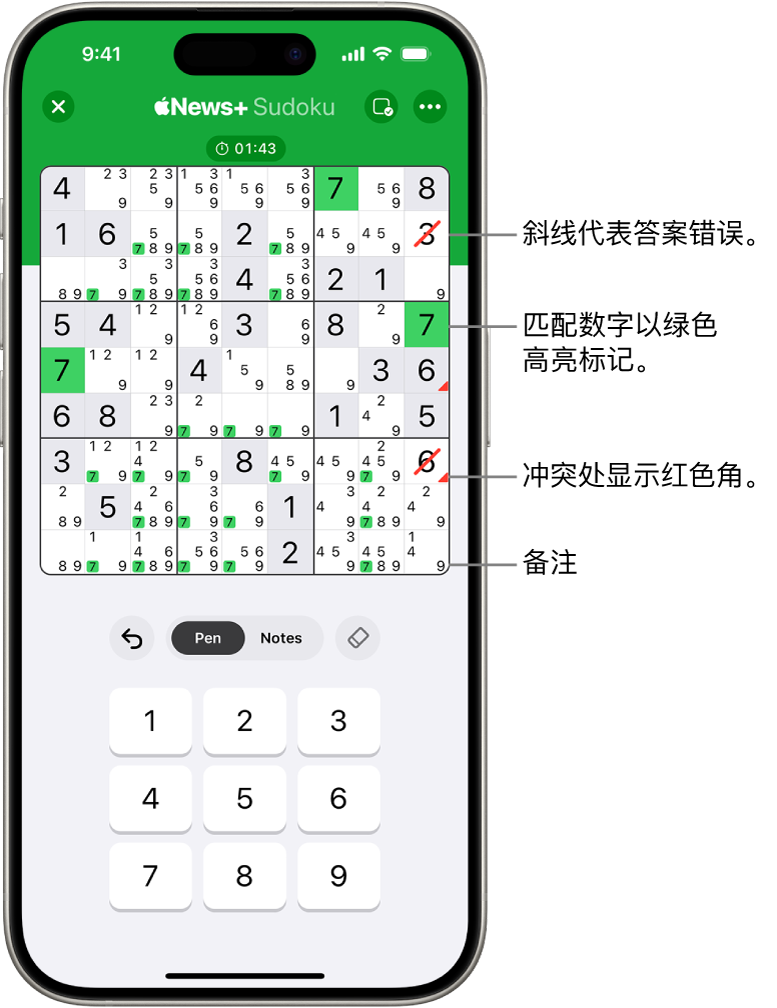 数独游戏已打开多项功能:备注、高亮标记匹配的数字、显示冲突和自动检查。