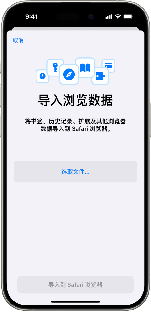 “导入浏览数据”屏幕,显示要导入到 Safari 浏览器的其他浏览器数据。