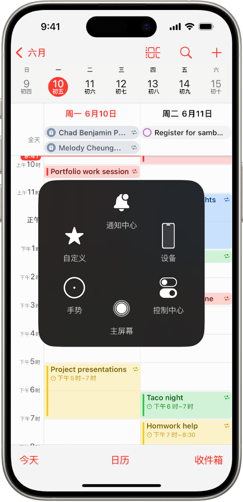 iPhone 上的“辅助触控”菜单可见，其中显示通知中心、设备、控制中心、家庭、手势和自定义的控制。