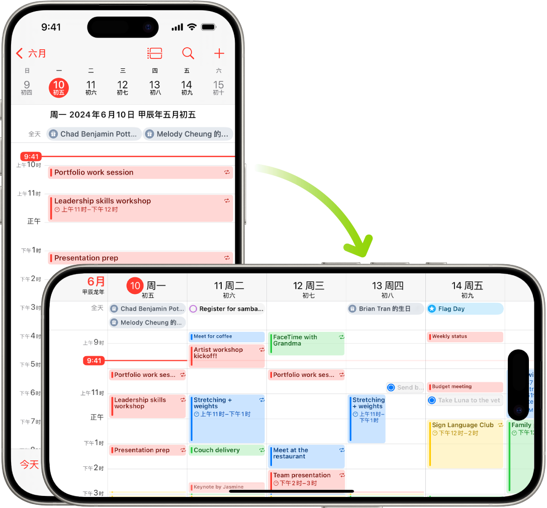 背景中的 iPhone 显示“日历”屏幕，其中以竖排方向显示一天的日程；前景中的 iPhone 转动到横排方向，显示整周的“日历”日程。
