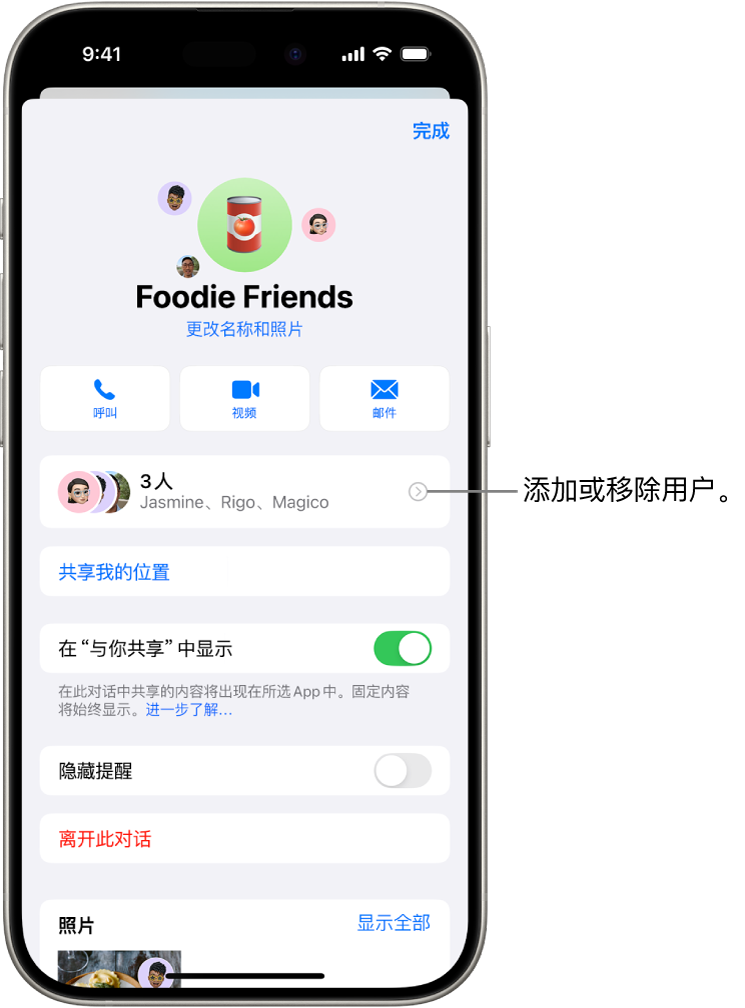 群组的对话详细信息。