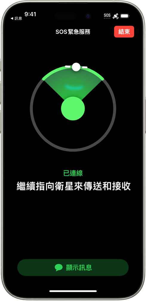 「SOS 緊急服務」畫面顯示手機已連接，正在指引使用者繼續將手機對著衛星。「顯示訊息」按鈕位於螢幕底部。