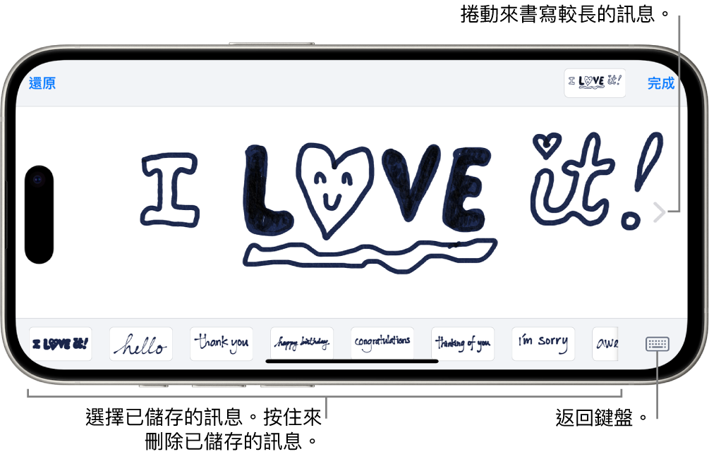 用於編寫手寫訊息的畫布。底部由左至右為儲存的手寫項目和「鍵盤」按鈕。