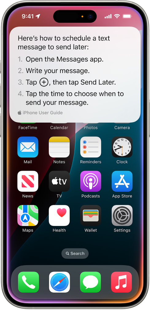 在 iPhone 主畫面上,顯示 Siri 提供的步驟來排定稍後傳送的文字訊息。