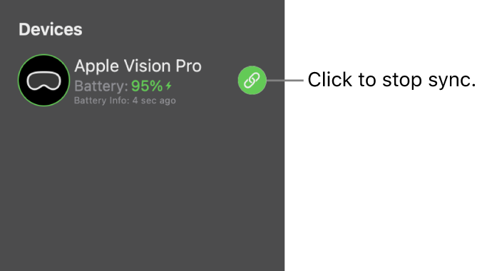 The sidebar in Apple Immersive Video Utility on Mac, showing a connected Apple Vision Pro. Synchronized playback is on, but the Sync button on the right is can be clicked to stop playback from Mac.