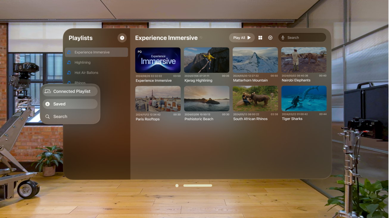 The Apple Immersive Video Utility window on Apple Vision Pro, showing the playlist view.