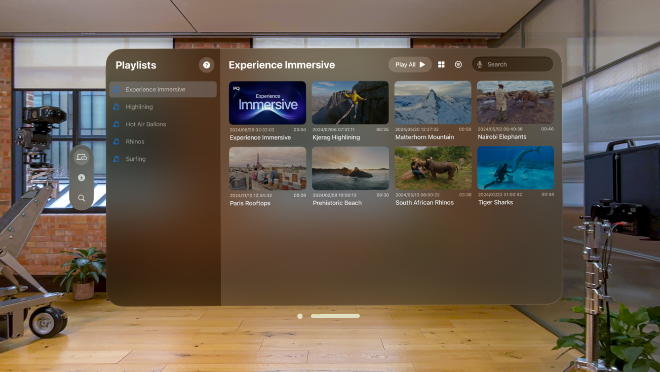 The Apple Immersive Video Utility window on Apple Vision Pro, showing the playlist view.