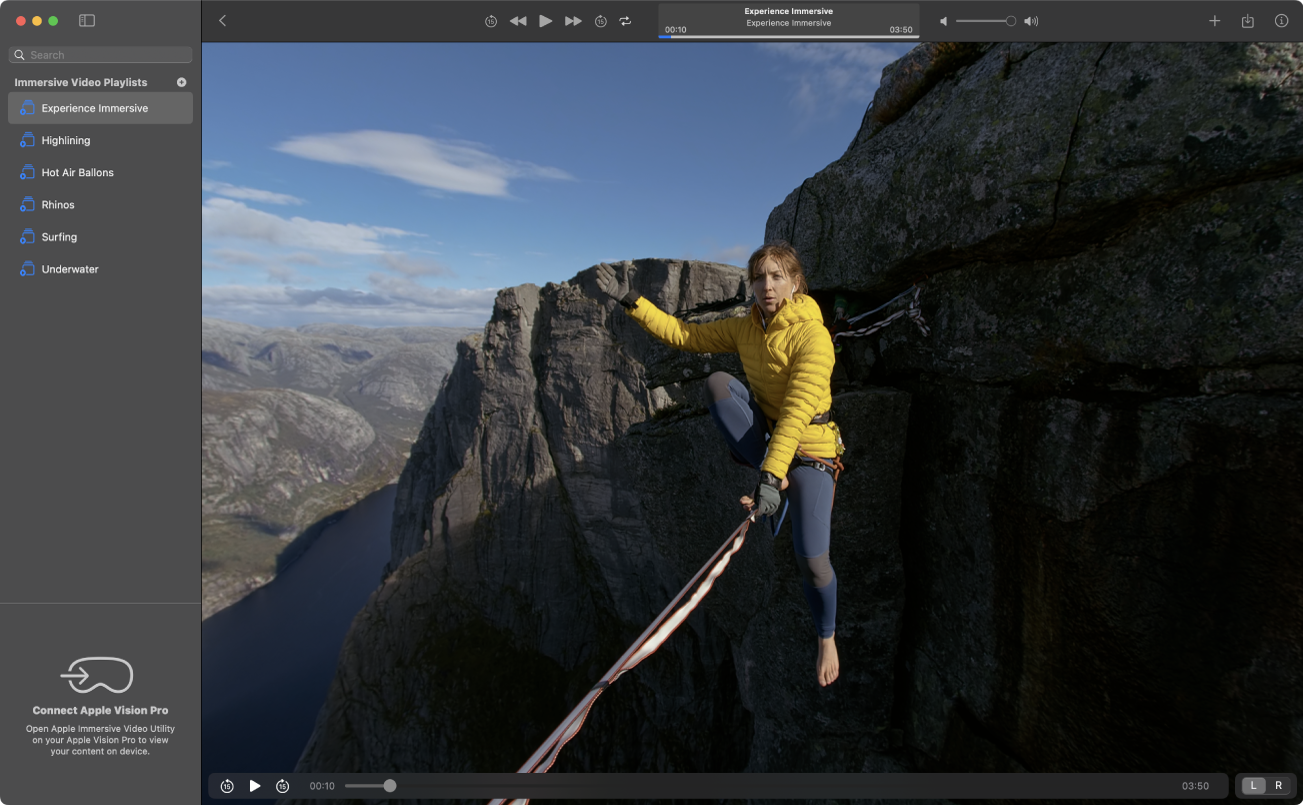 The playback window in Apple Immersive Video Utility on Mac, showing controls to skip, repeat, play, and more.