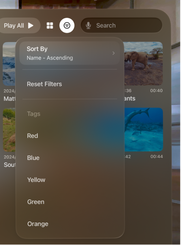 The sort and filter options in Apple Immersive Video Utility on Apple Vision Pro, with options to sort, reset filters, and filter by tag.