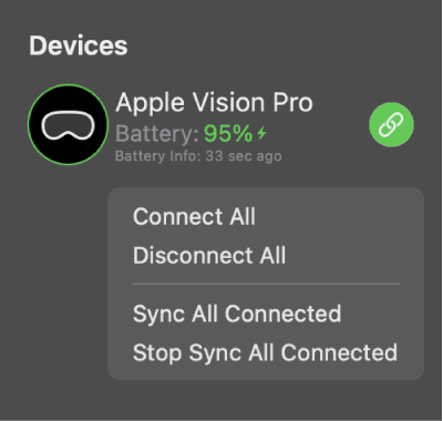 A menu in the sidebar in Apple Immersive Video Utility on Mac, showing connection and syncing options for Apple Vision Pro.