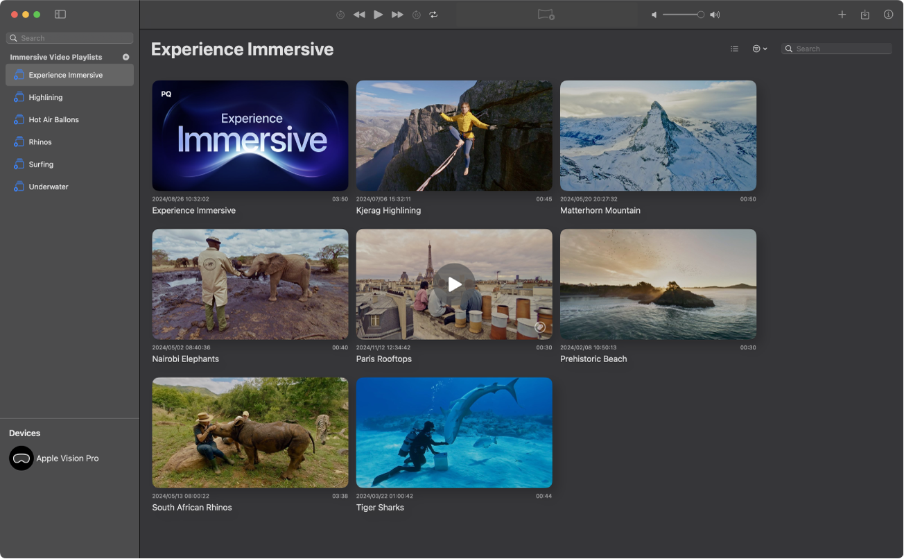 The Apple Immersive Video Utility window on Mac, showing the playlist view.