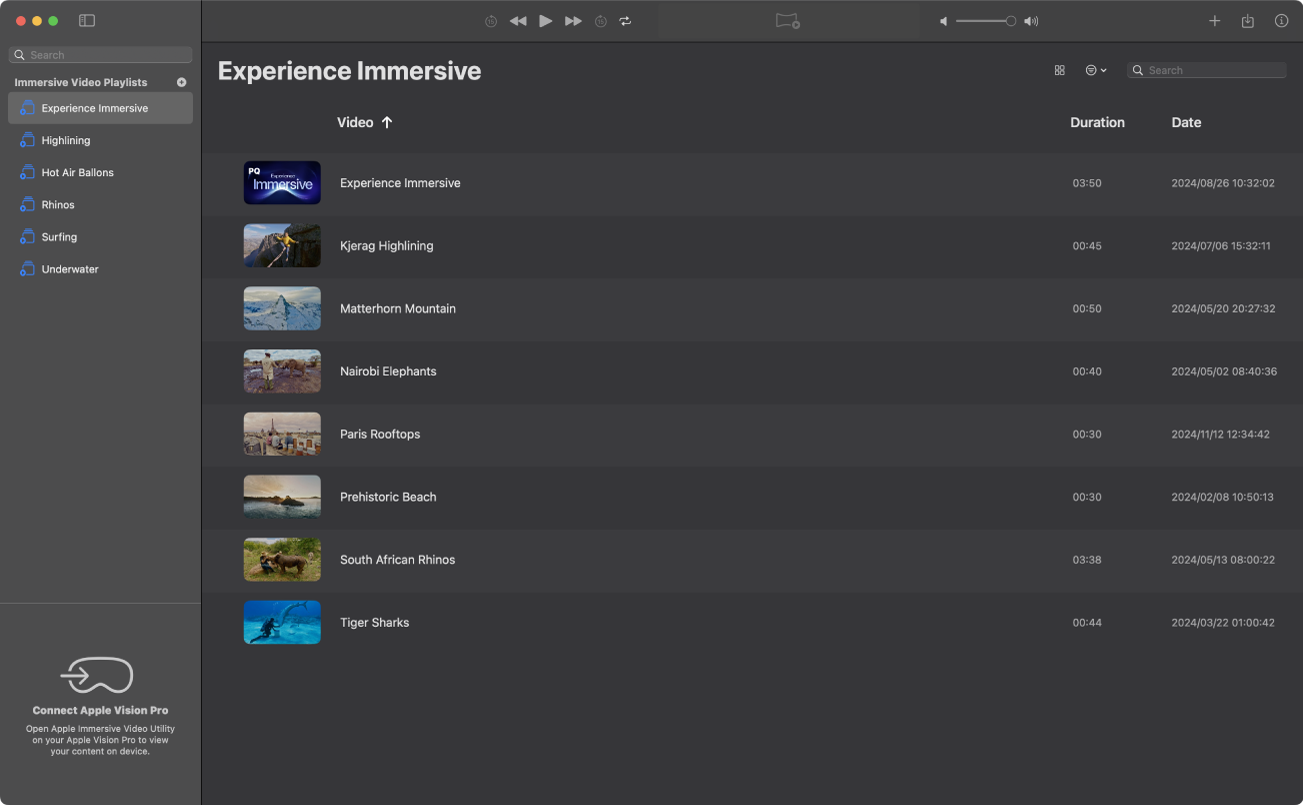 The Apple Immersive Video Utility window on Mac, showing a playlist displayed in a list format.