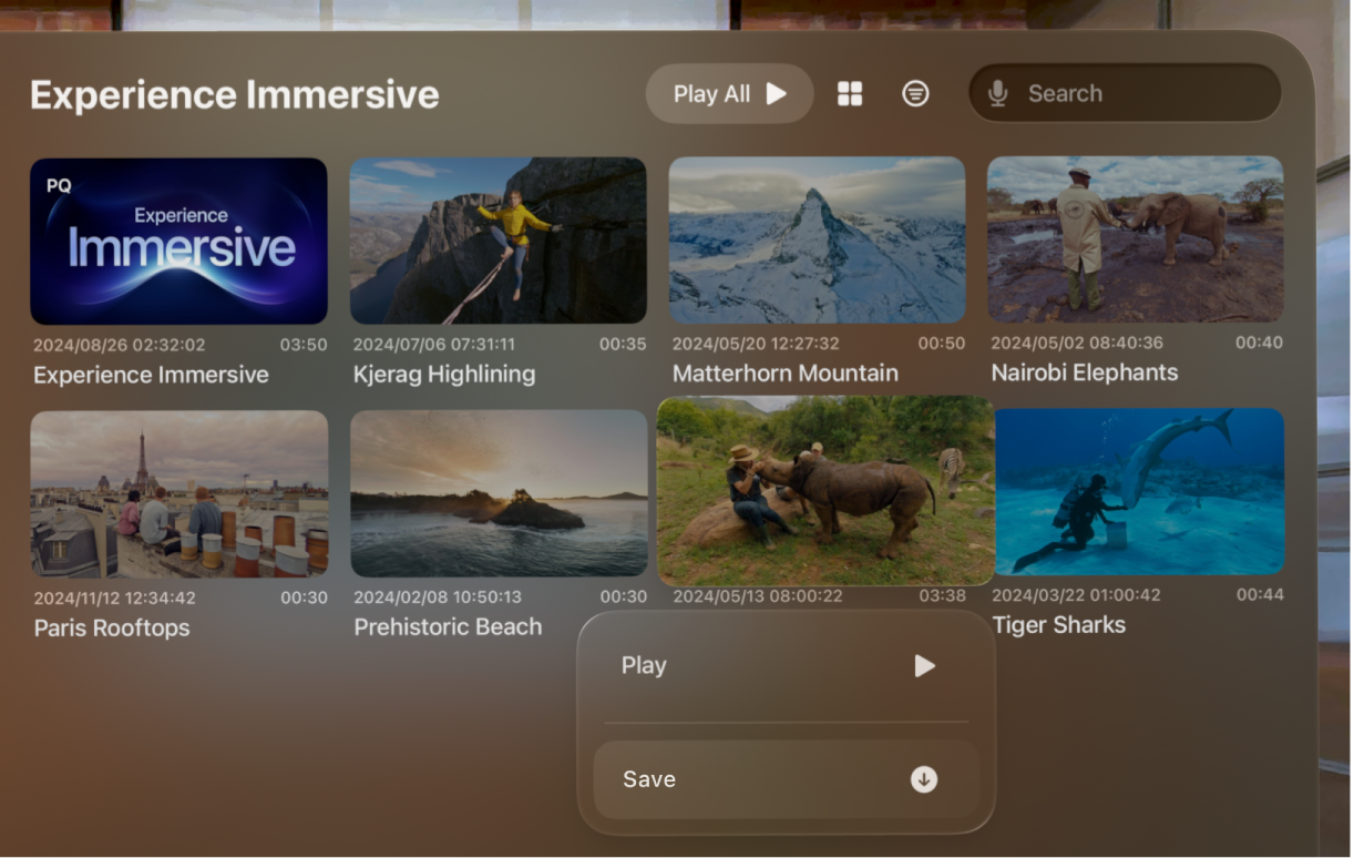 The playlist view in Apple Immersive Video Utility on Apple Vision Pro. A video has been selected, with the Download option highlighted in the menu
