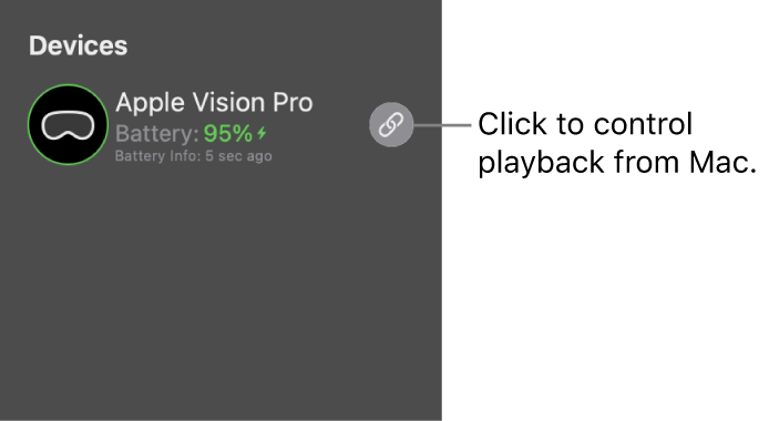 The sidebar in Apple Immersive Video Utility on Mac, showing a connected Apple Vision Pro. The Sync button on the right can be clicked to control playback on Apple Vision Pro from Mac.
