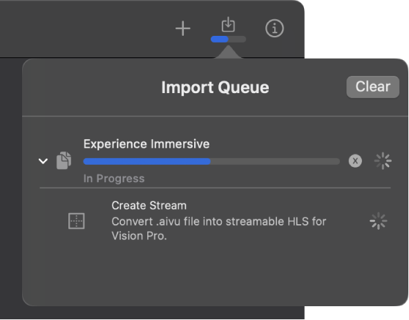 The import queue in Apple Immersive Video Utility on Mac, showing a file that’s actively being imported.