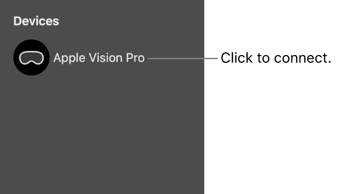 The sidebar in Apple Immersive Video Utility on Mac, showing a disconnected Apple Vision Pro. The device name can be clicked to connect it to Mac.