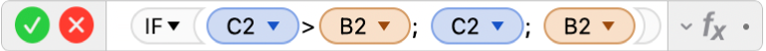 محرر الصيغ يعرض الصيغة =IF‏(C2>B2‏; C2‏; B2)‎.
