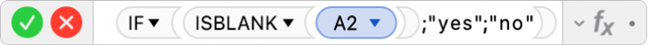 محرر الصيغ يعرض الصيغة =IF‏(ISBLANK‏(A2)‏;"yes"‏;"no")‎.