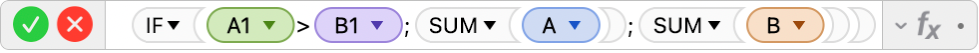 محرر الصيغ يعرض الصيغة =IF‏(A2>B2‏;SUM‏(A)‏;SUM‏(B)‎.