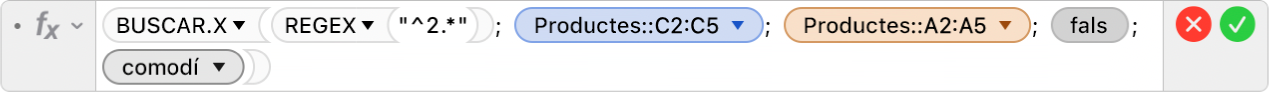 L'editor de fórmules mostra la fórmula =BUSCAR.X(REGEX("^2.*"); Productes::C2:C5; Productes::A2:A5; FALS;2).