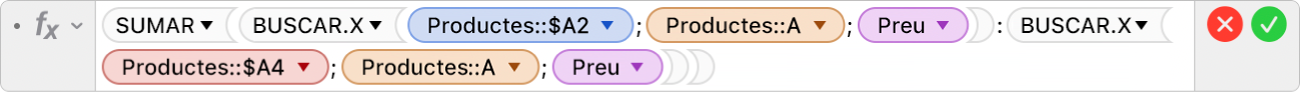 L'editor de fórmules mostra la fórmula =SUMAR(BUSCAR.X(Productes::$A2;Productes::A;Preu):BUSCAR.X(Productes::$A4;Productes::A;Preu)).
