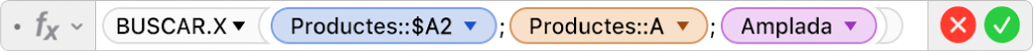 L'editor de fórmules mostra la fórmula =BUSCAR.X(Productes::$A2;Productes::A;Amplada).