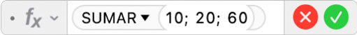 L'editor de fórmules mostra la fórmula =SUMAR(10; 20; 60).