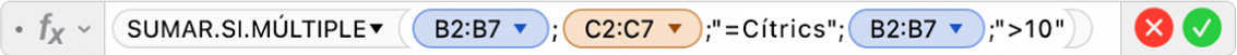 L'editor de fórmules mostra la fórmula =SUMAR.SI.MÚLTIPLE(B2:B7;C2:C7;"=Cítrics";B2:B7;">10").