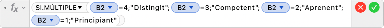 L'editor de fórmules mostra la fórmula =SI.MÚLTIPLE(B2=4;"Distingit";B2=3;"Competent";B2=2;"Aprenent";B2=1;"Principiant").