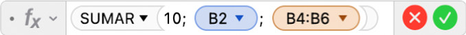 L'editor de fórmules mostra la fórmula =SUMAR(10; B2; B4:B6).