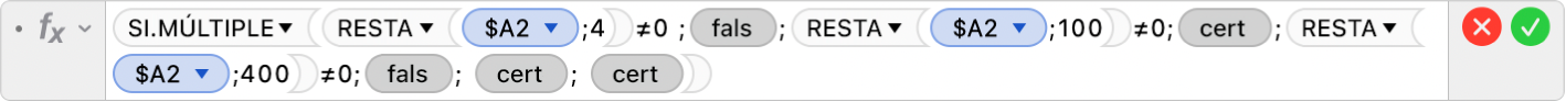 L'editor de fórmules mostra la fórmula =SI.MÚLTIPLE(RESTA($A2;4)≠0 ;FALS;RESTA($A2;100)≠0;CERT;RESTA($A2;400)≠0;FALS; CERT; CERT).