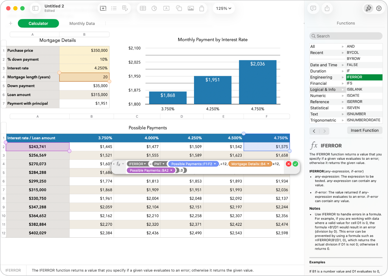 A spreadsheet showing a formula for fundraiser sales and the Functions sidebar.