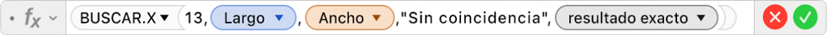 El editor de fórmulas mostrando la fórmula =BUSCAR.X(13,Longitud,Ancho,"Sin coincidencia",0).