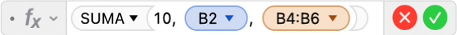 El editor de fórmulas mostrando la fórmula =SUMA(10; B2; B4:B6).