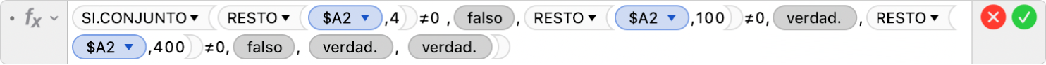 El editor de fórmulas mostrando la fórmula =SI.CONJUNTO(RESTO($A2,4)≠0 ,FALSO,RESTO($A2,100)≠0,VERDADERO,RESTO($A2,400)≠0,FALSO, VERDADERO; VERDADERO).