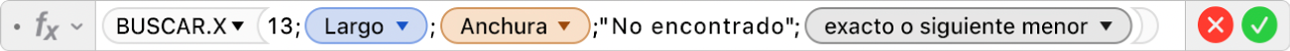 El editor de fórmulas muestra la fórmula =BUSCAR.X(13;Largo;Ancho;"No encontrado";1;-1).