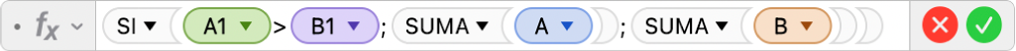 El editor de fórmulas muestra la fórmula =SI(A2>B2;SUMA(A);SUMA(B).