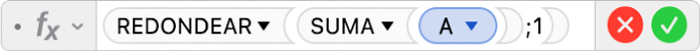 El editor de fórmulas muestra la fórmula =REDONDEAR(SUMA(A);1).