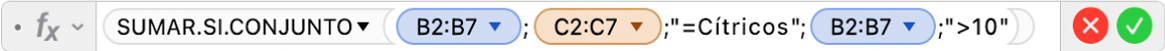El editor de fórmulas muestra la fórmula =SUMAR.SI.CONJUNTO(B2:B7,C2:C7,"=Cítricos";B2:B7;">10").