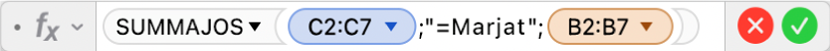 Kaavan muokkaajassa näkyy kaava =SUMMAJOS(C2:C7;"=Marjat";B2:B7).
