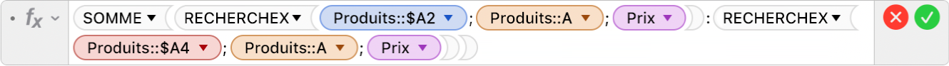 L’éditeur de formules affichant la formule =SOMME(RECHERCHEX(Produits::$A2;Produits::A;Prix):RECHERCHEX(Produits::$A4;Produits::A;Prix)).