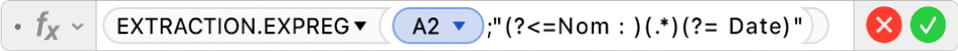 L’éditeur de formules affichant la formule =EXTRACTION.EXPREG(A2;"(?<=Nom : )(.*)(?= Date)".