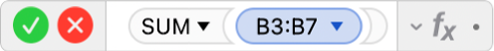 עורך הנוסחאות מציג את הנוסחה ‎=SUM(B3:B7)‎.